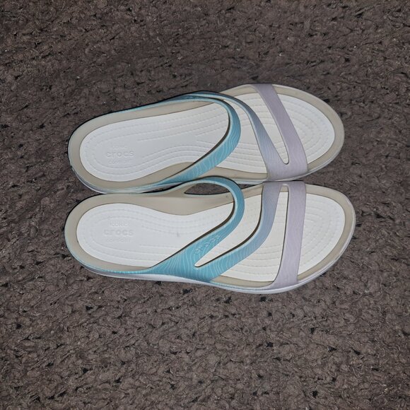 CROCS-Kadee II Sandals-Purple Blue Ombre with Wavy Lines-Sz 8-Excellent - Picture 6 of 7